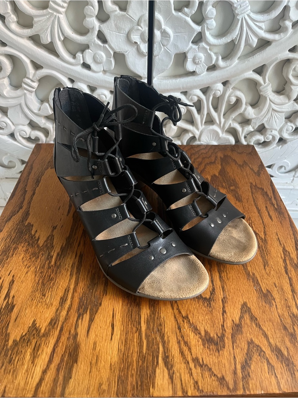 Rieker Black Leather Gladiator Sandals Lace Up Back Zip Comfort EU 40